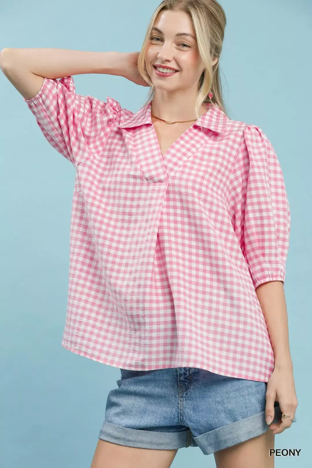 Umgee Gingham Puff Sleeve Collared Blouse