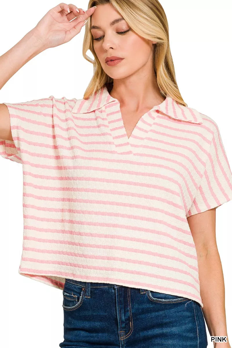 Zenana Striped Split Neck Collared Top