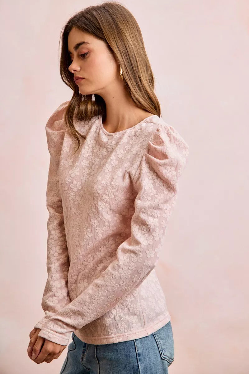 BiBi Textured Flower Knit Puff Shoulder Top