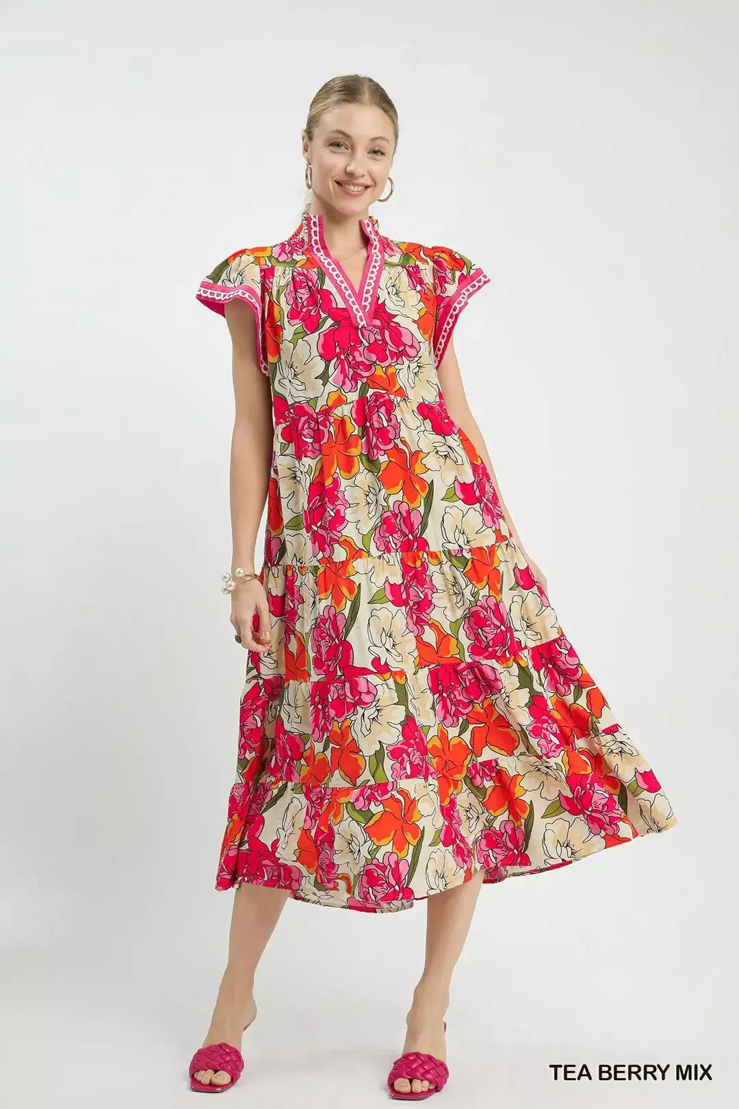 Umgee Mix Bold Floral Tiered Midi Dress