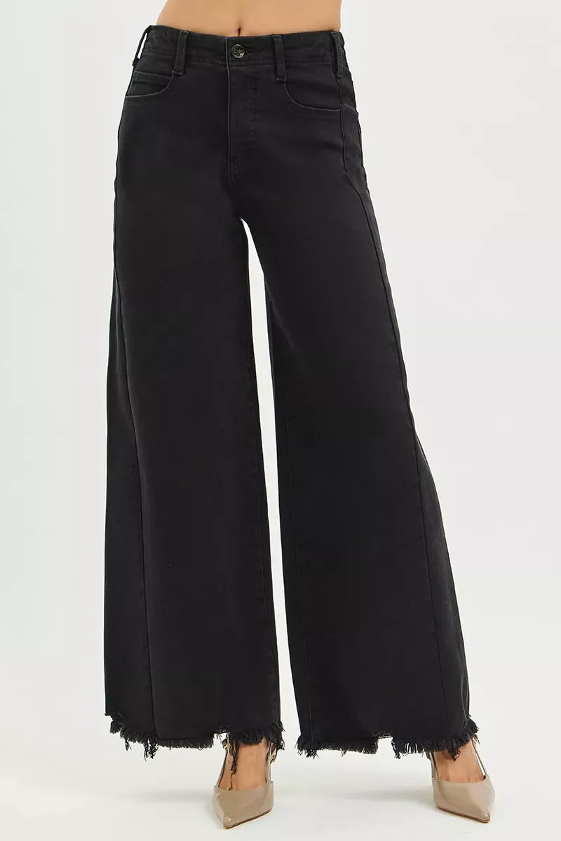RISEN Tummy Control High Rise Palazzo Leg Frayed Hem Jeans