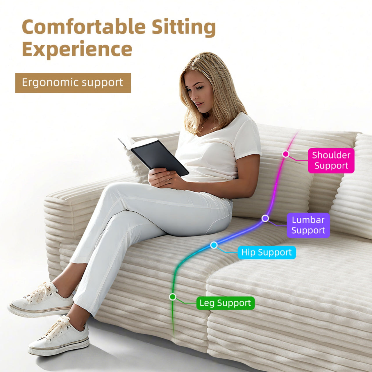 102.4 'Plush Corduroy 4-Seat Sofa,Modern Comfy Upholstered Sofa Cloud Couch,Deep Seat Couches with Soft Pillows and Movable Ottoman,Convertible Sofa Lounge Chair,for Living Room,Apartment,Office,Beige