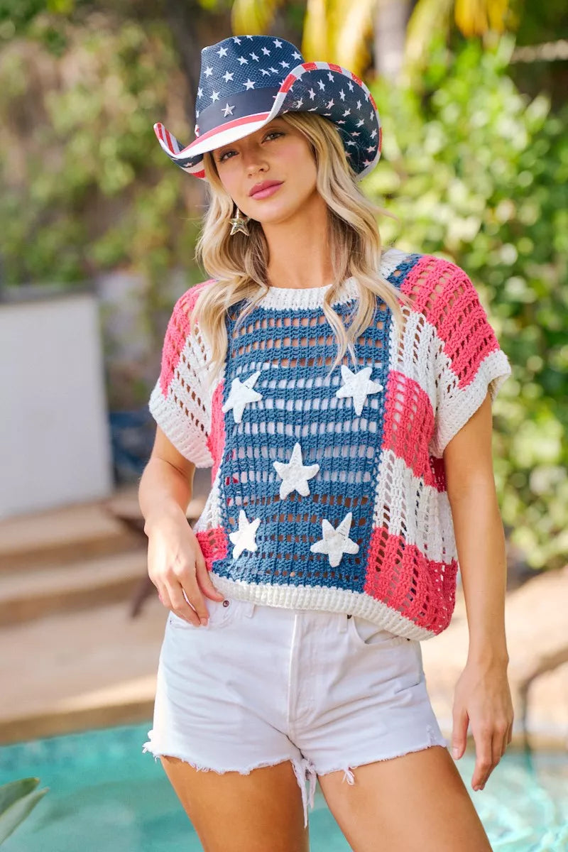 BiBi Crochet Star Patches 4th Of July Sweater Cover Up