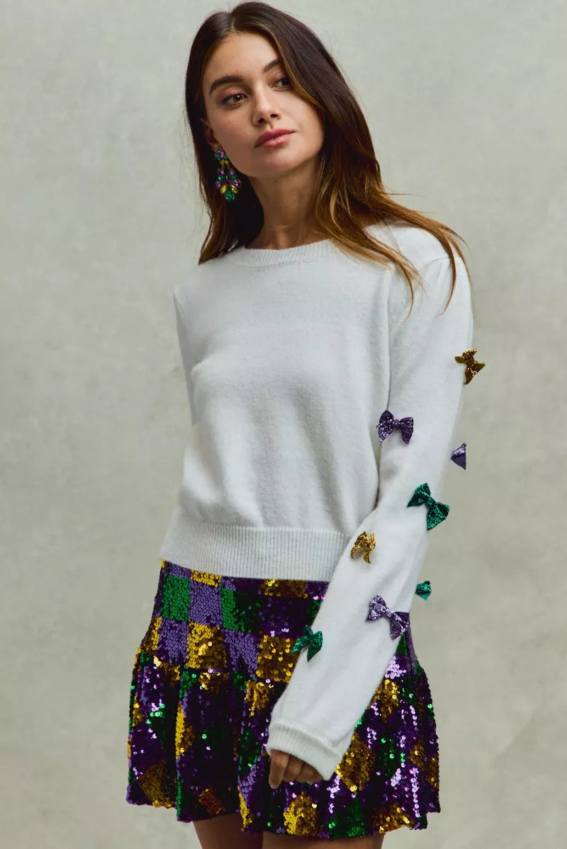 SO ME Mardi Gras Glitter Bow Ribbon Sweater Knit Top