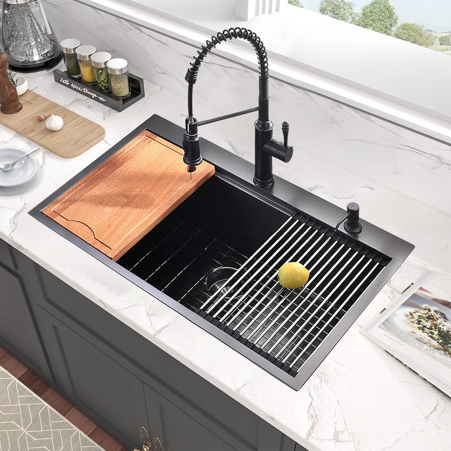 Workstation 33-inch Drop-In Kitchen Sink R10 Radius Stainless Steel Kitchen Sink Single Bowl with Intergrated Ledge & Accessories (Pack of 5) -33'x22'x10'