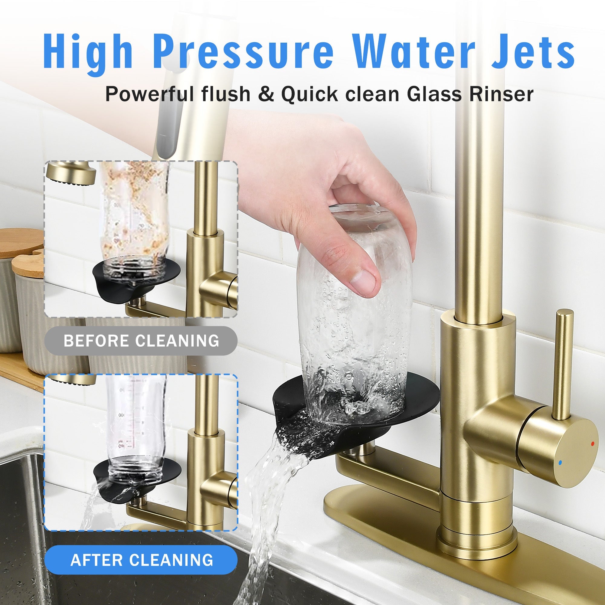 3-in-1 Kitchen Faucet with Press-Type Glass Rinser, Brushed Gold Finish, High-Arc Pull-Down Sprayer, Universal for 1 & 3 Holes, Stainless Steel and ABS Construction