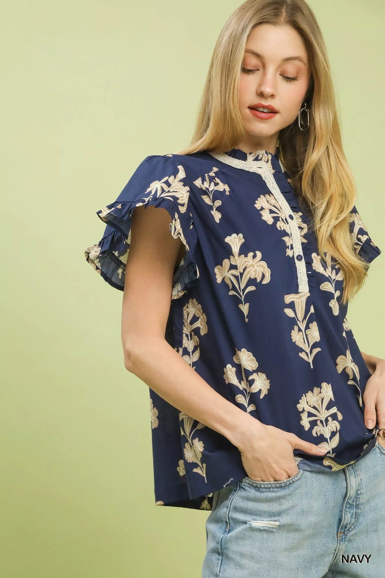 Umgee Floral Ruffle Sleeve Split-Neck Top