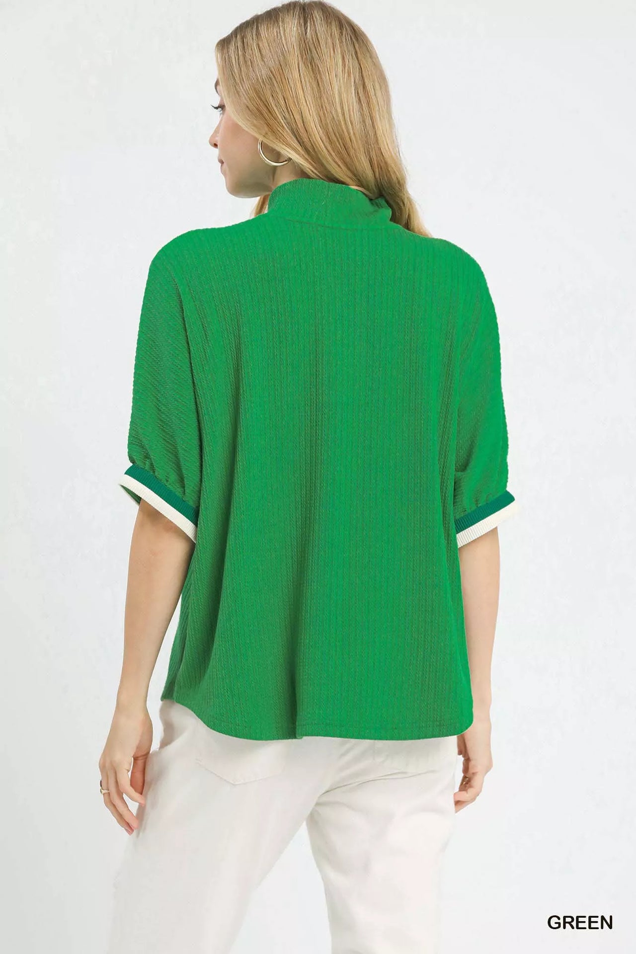 Umgee Textured Knit Top with Striped Contrast Trim