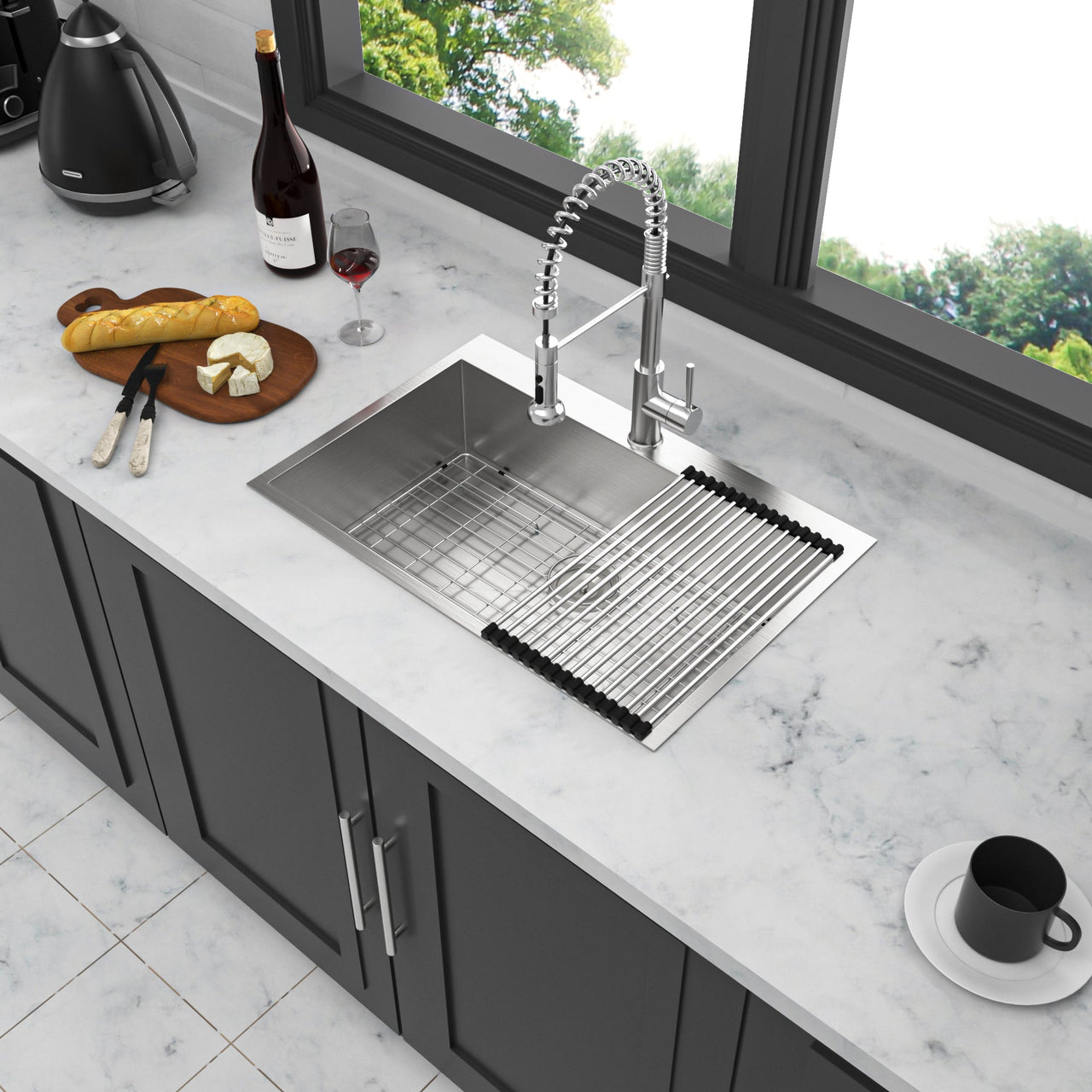 Brushed Nickel 33 x 22 Inch Kitchen Sink Drop In 16 Gauge Stainless Steel Single Bowl Topmount Basin