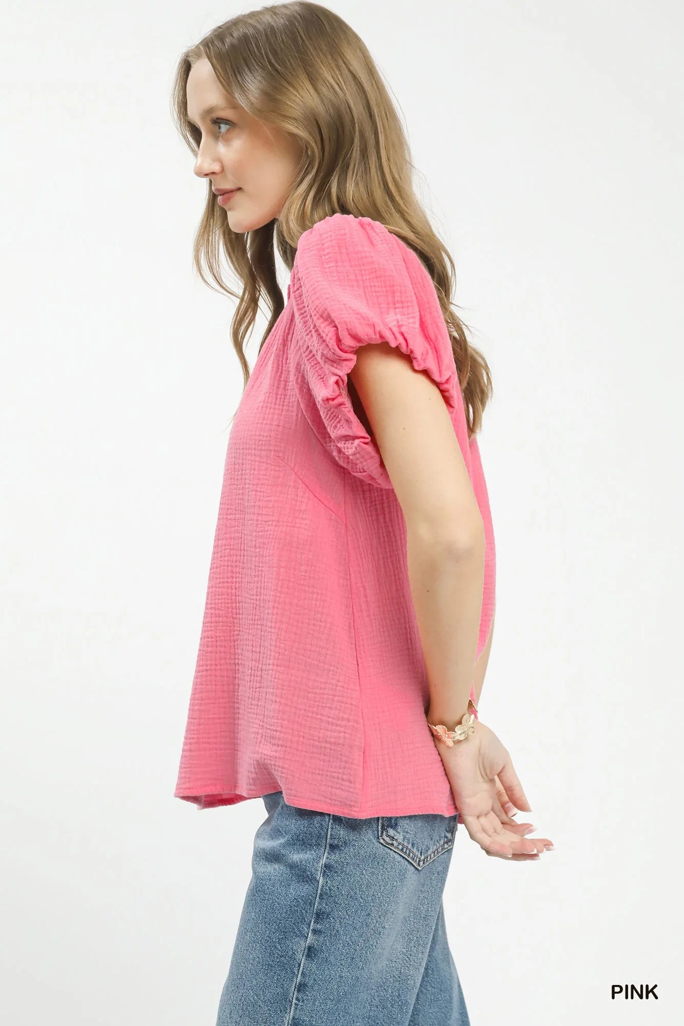 Umgee Textured Gauze Ruffle Neck Boho Top