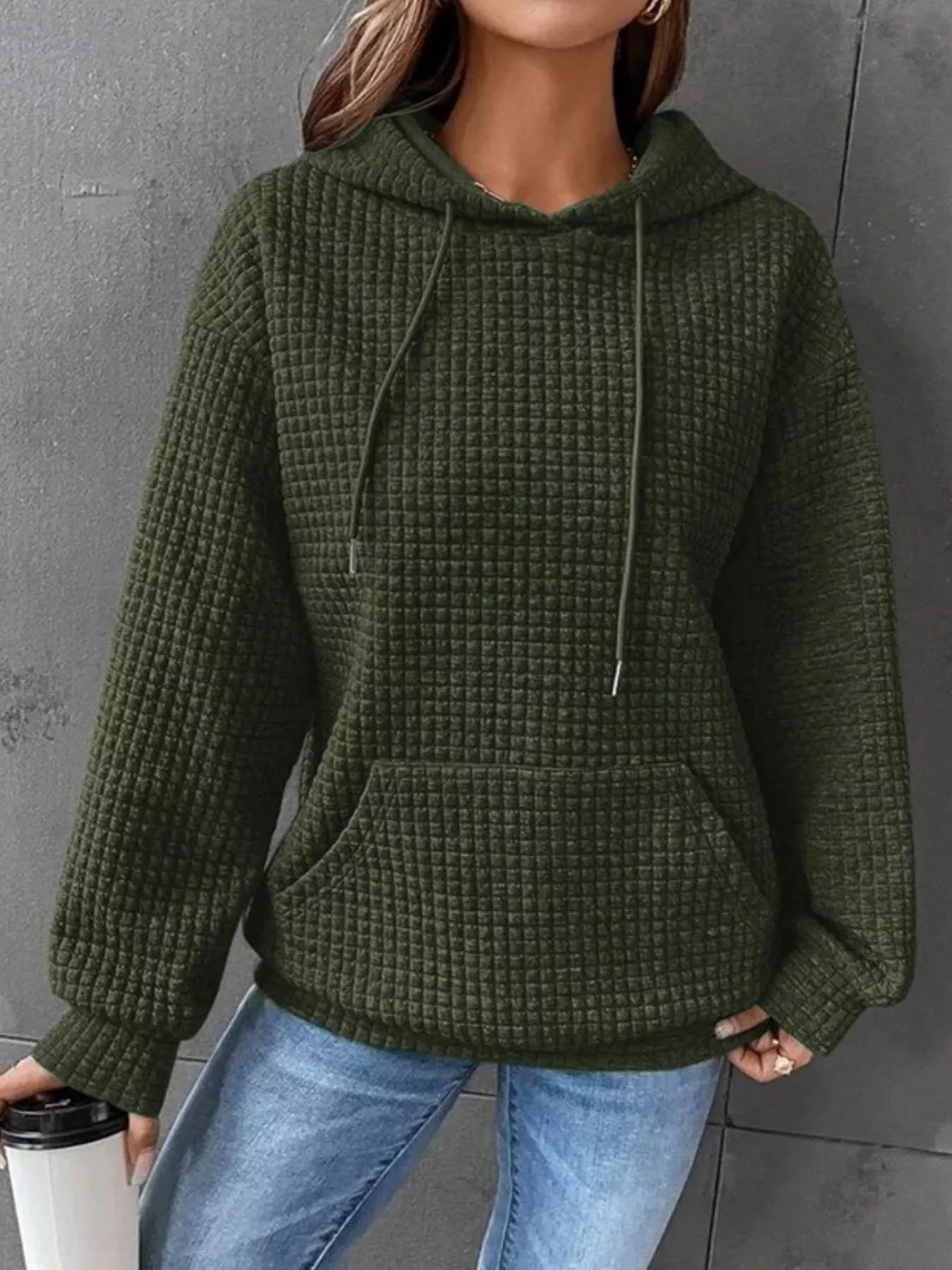 Full Size Textured Kangaroo Pocket Hoodie Plus Size
