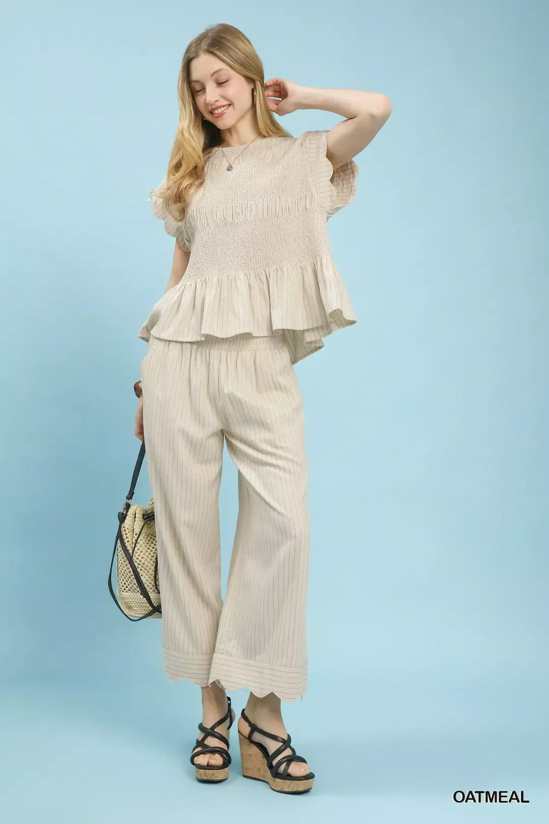 Umgee Pinstripe Smocked Peplum Top