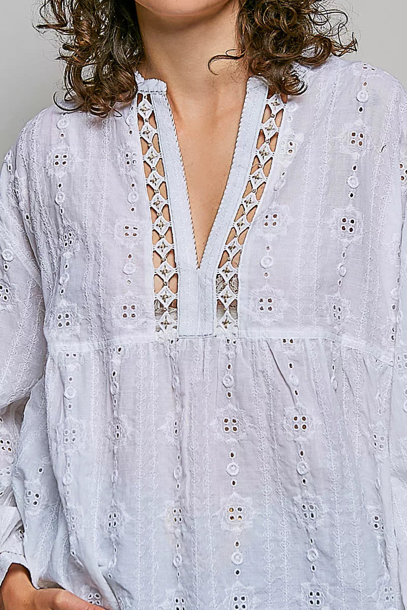 POL Lace Eyelet Long Sleeve Cotton Blouse