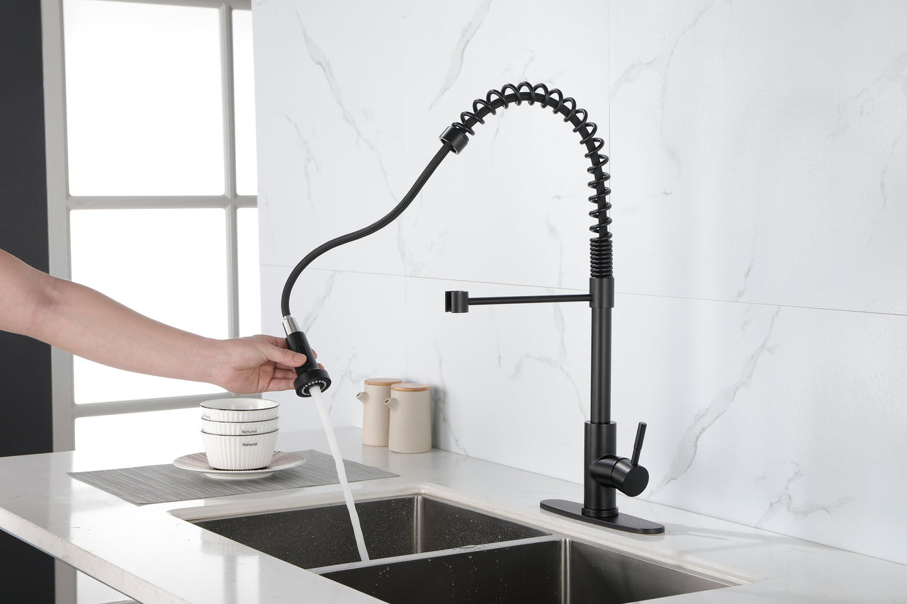 Spring kitchen faucet with pull-out sprayer, stainless steel single handle single hole kitchen sink faucet