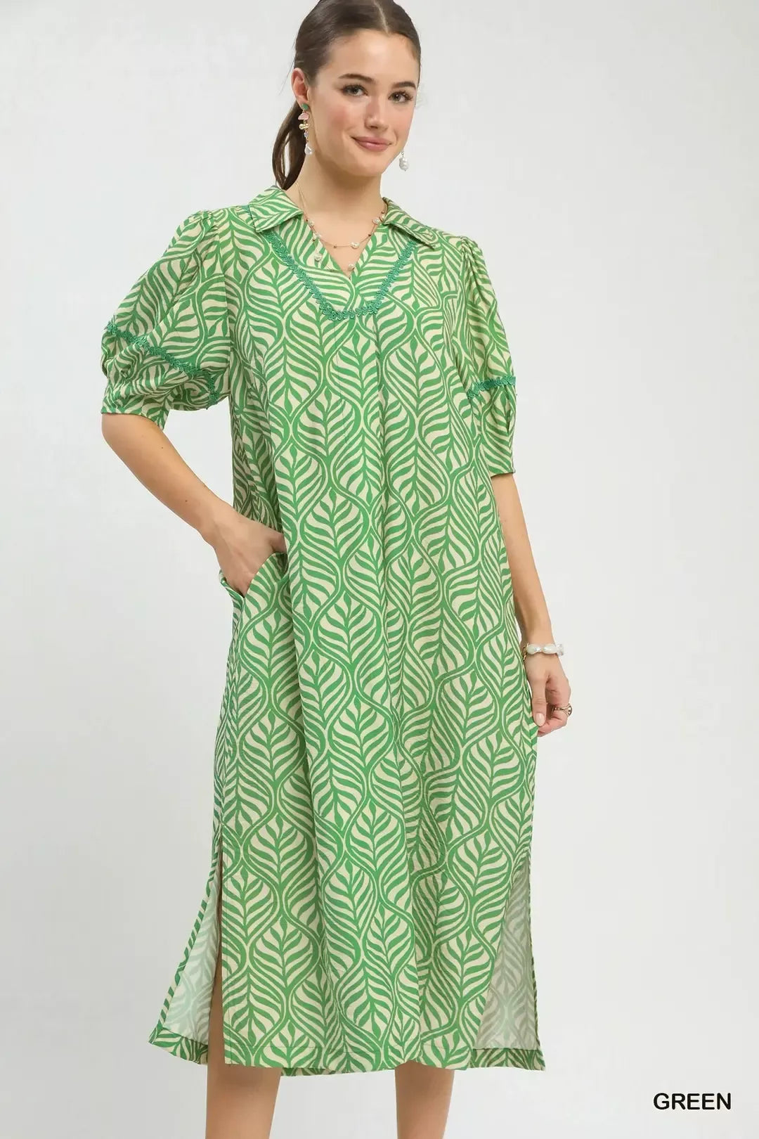 Umgee Printed Puff Sleeve Midi Dress with Pockets