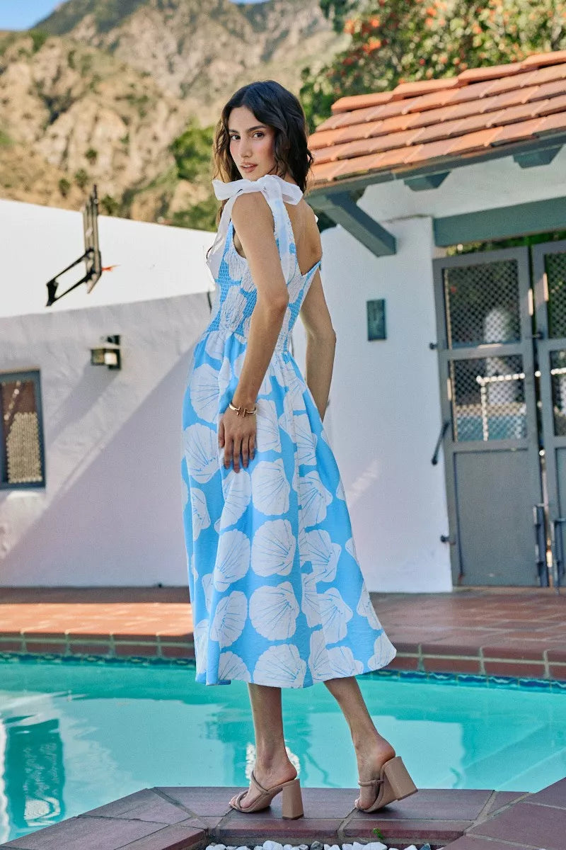 SO ME Shell Smocked Bodice Shoulder Tie Lined Midi Dress