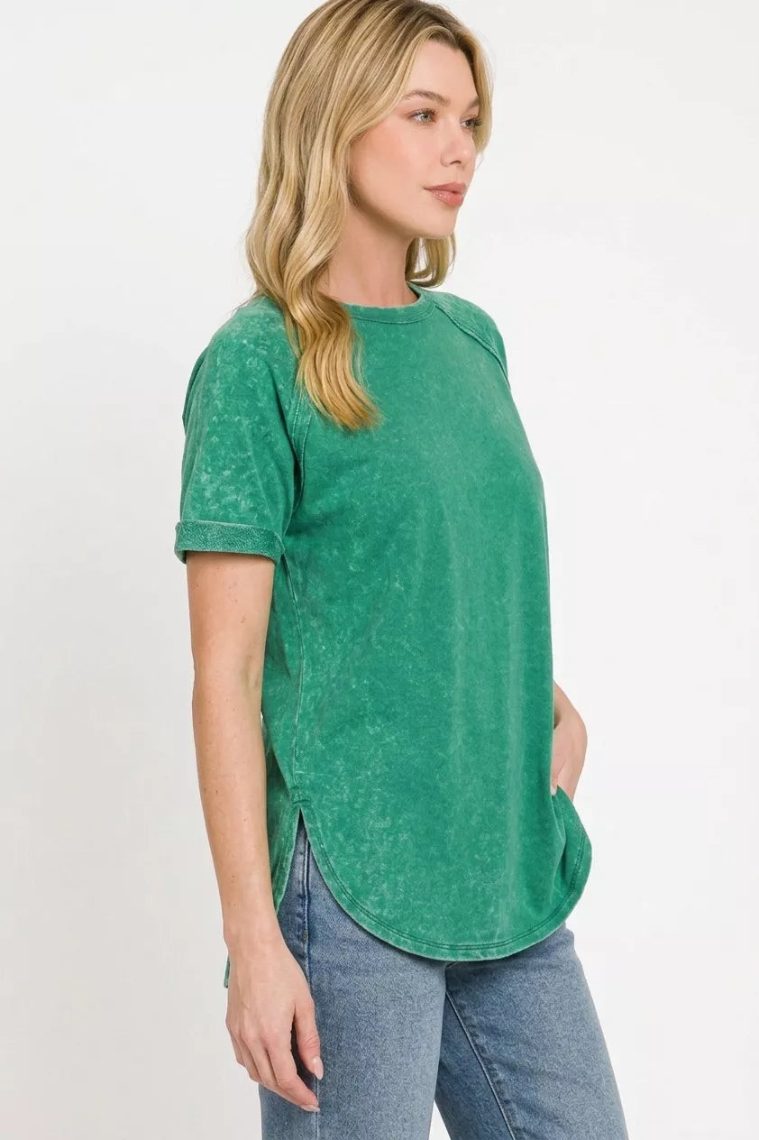 Zenana French Terry Washed Curved Hem Top