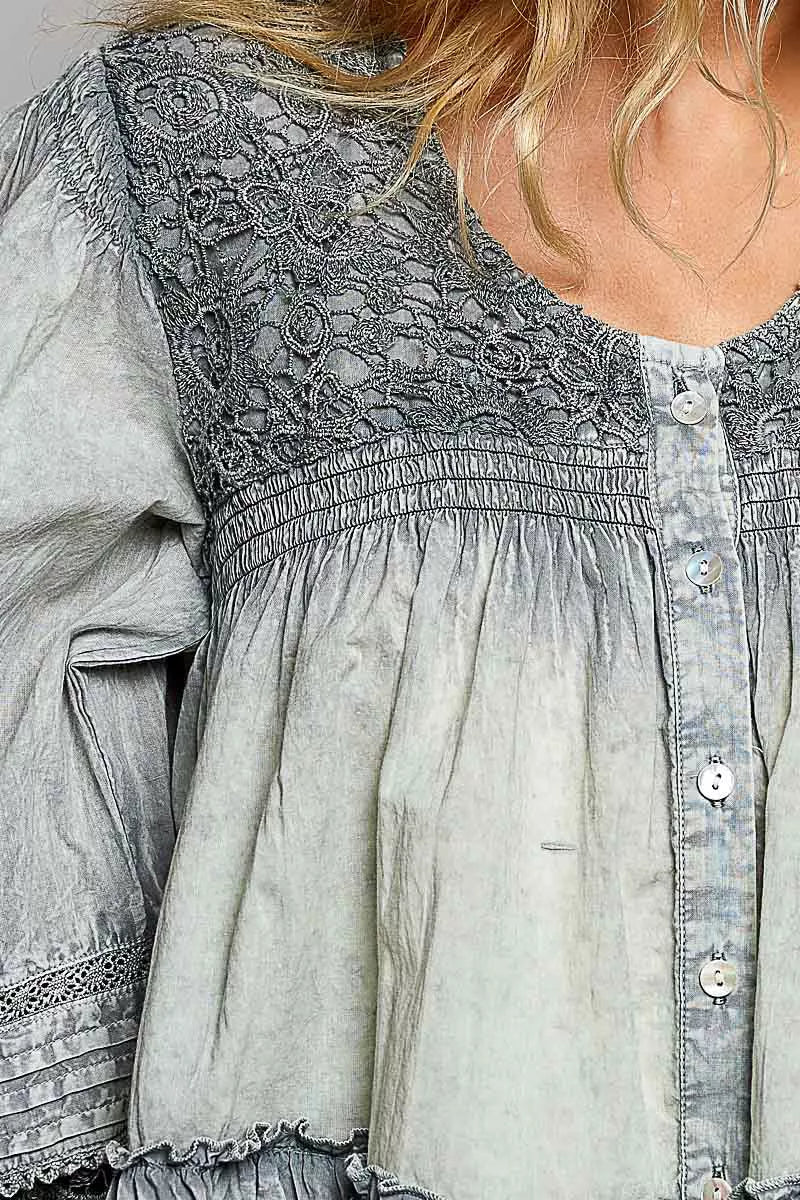 POL Washed Layered Lace Pintuck Flared Woven Blouse