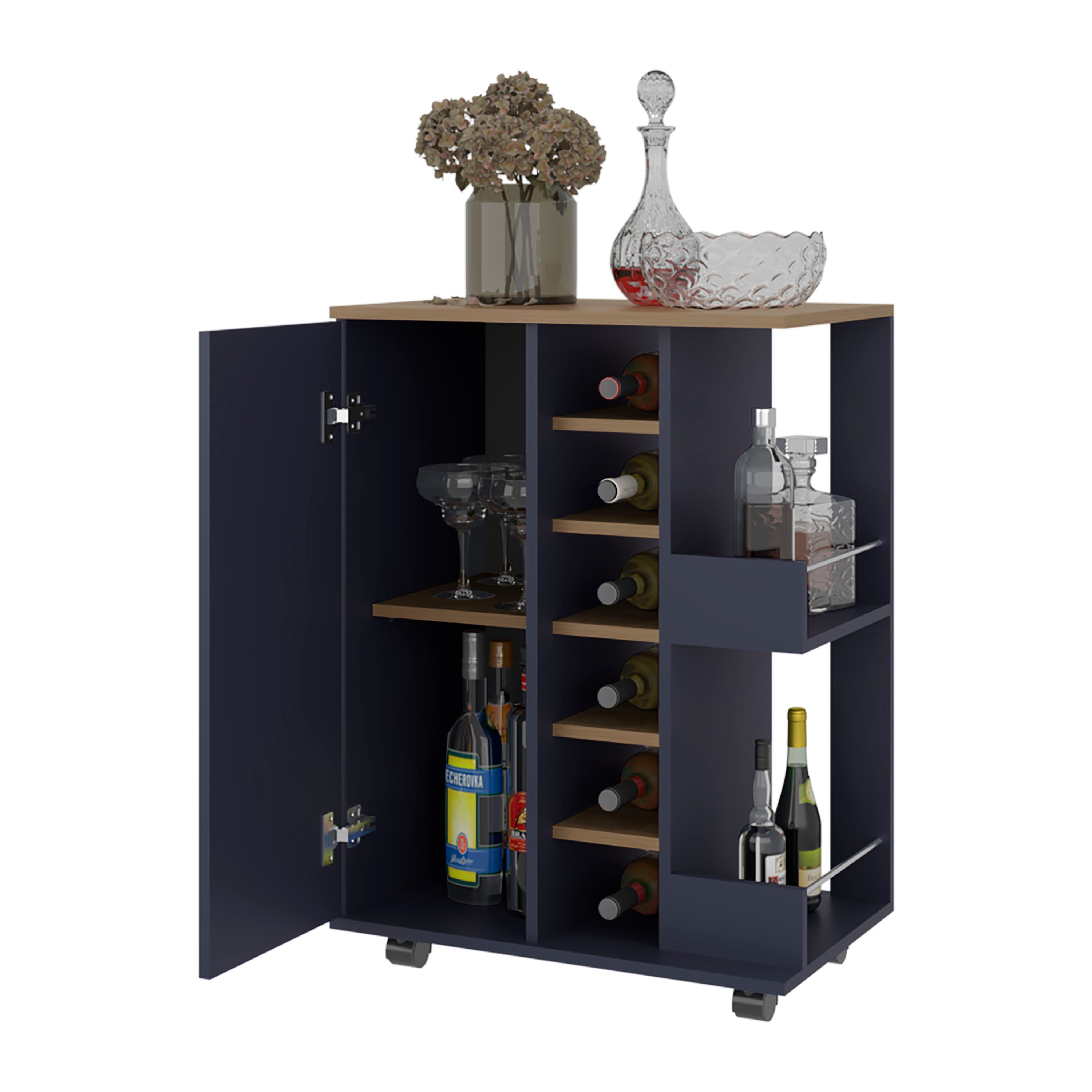 Carefree bar cabinet, bottle racks, double side shelves, modern design in Kronos Ash and Kronos Blue.