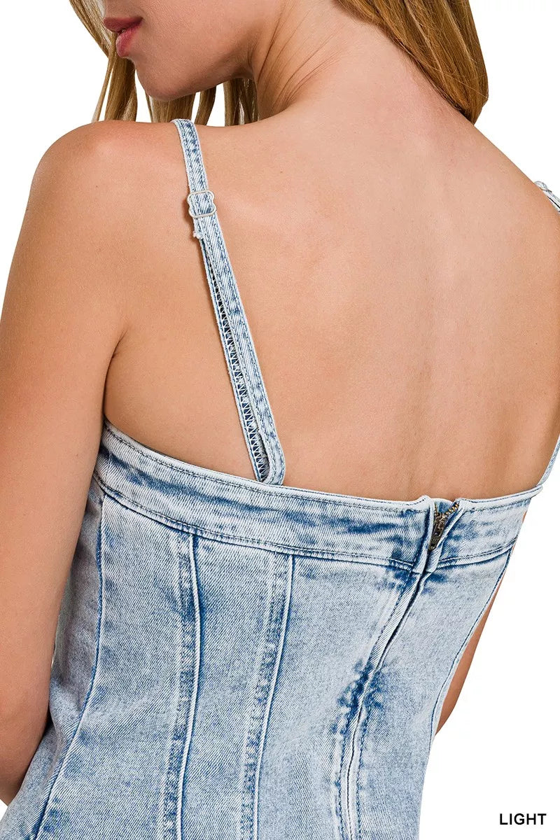 Zenana Spaghetti Strap Exposed Seam Light-Wash Dress