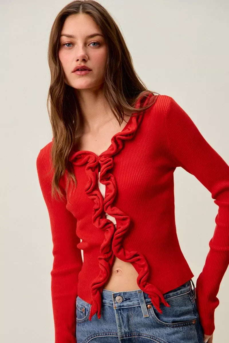 SO ME Cascade Ruffle Ribbed Sweater Cardgian