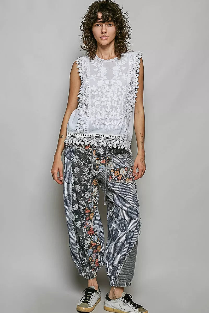 POL Allover Botanical Embroidered Scalloped Lace Sleeveless Top