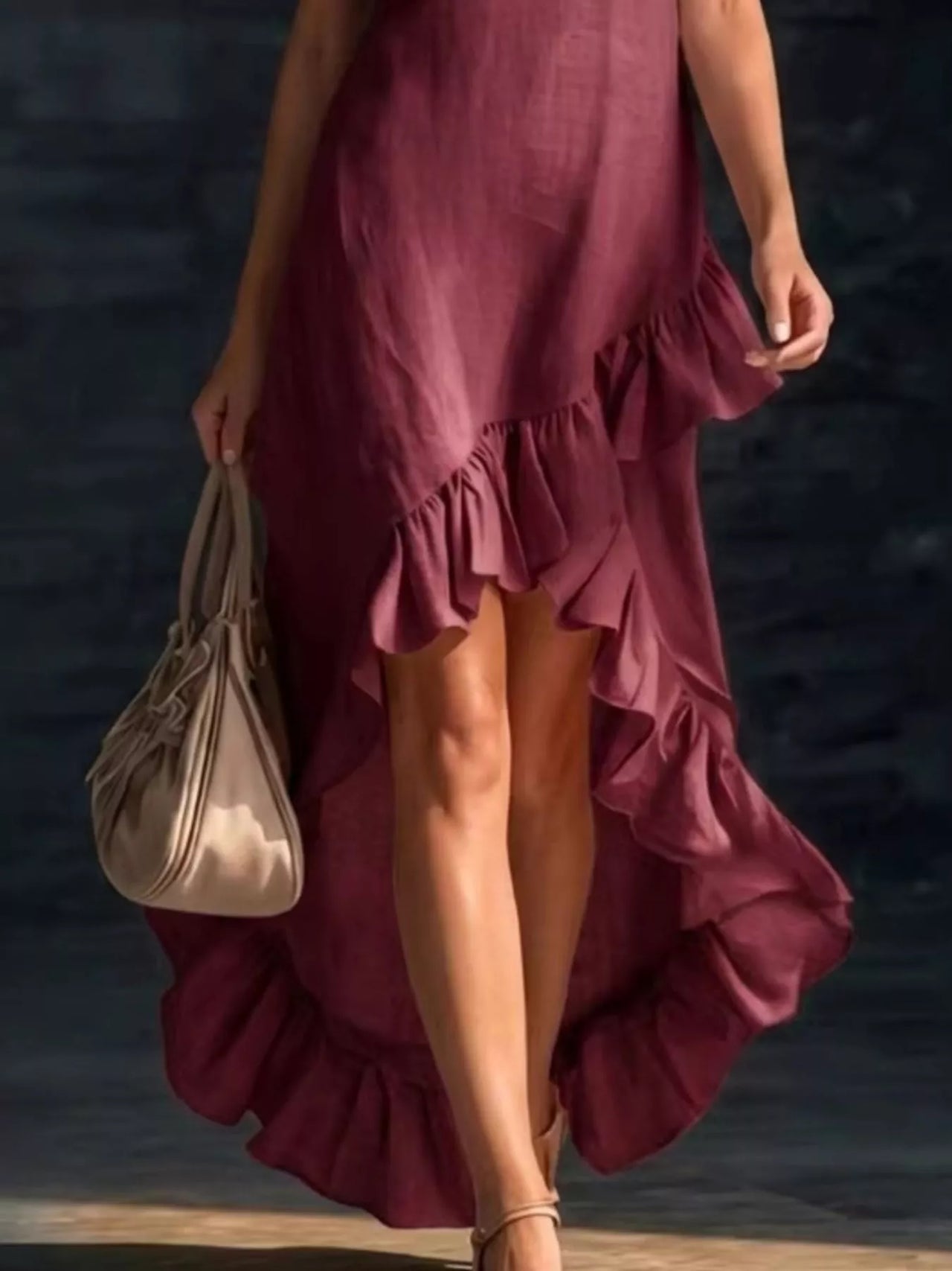 Full Size V-Neck Ruffle Hem High-Low Dress Plus Size