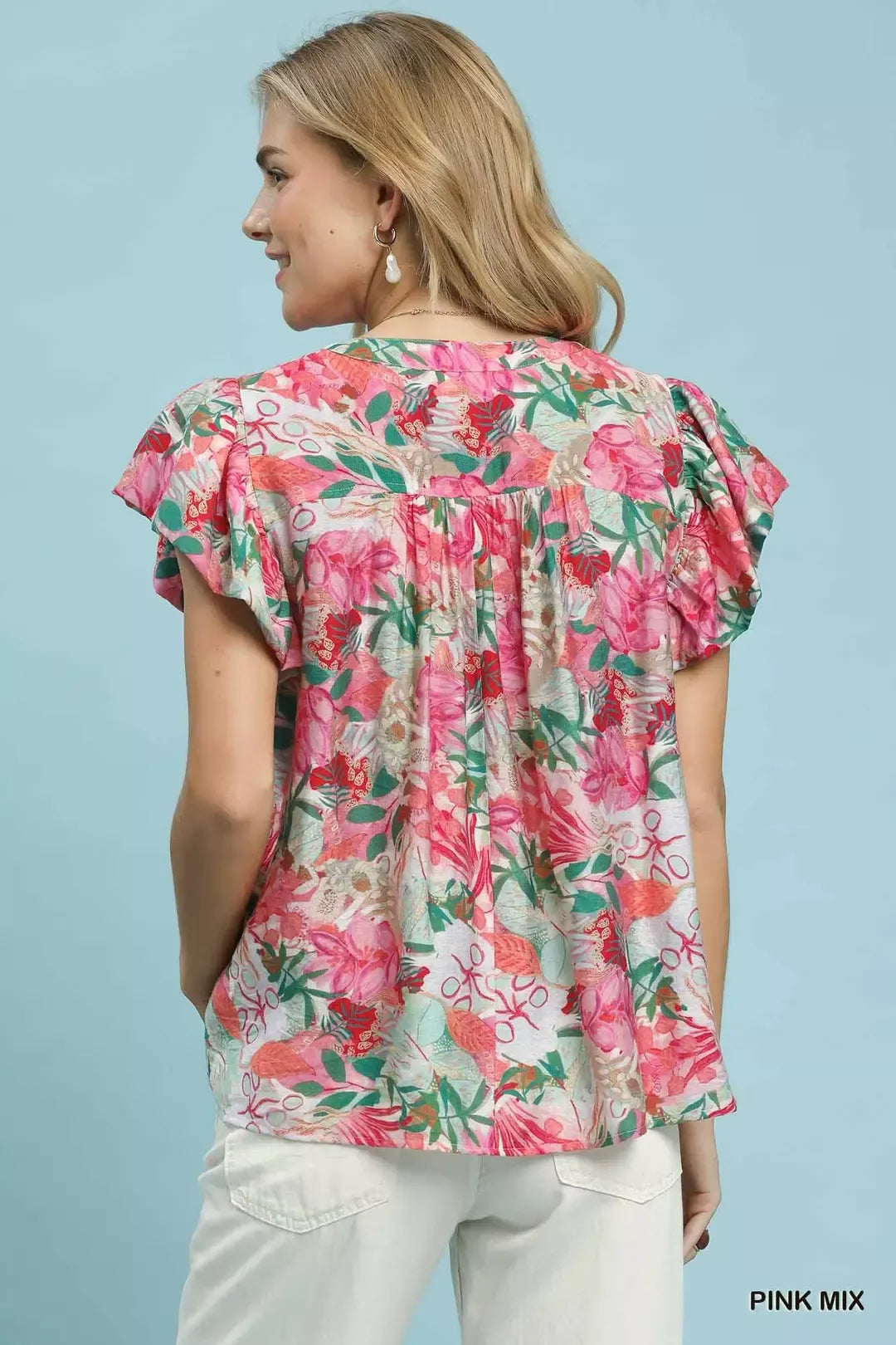 Umgee Mix Tropical Print Blouse with Ruffle Cap Sleeves