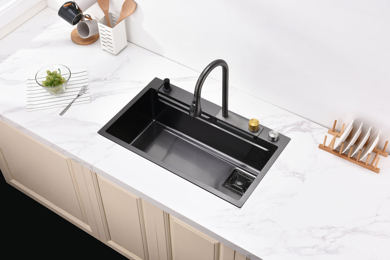 Waterfall Kitchen Sink, Stainless Steel Single Bowl in Black, Multifunctional Workstation with Flying-rain Faucet and Cutting Board, 30×18″ Stainless Steel Single Bowl Sink, LS-SSBL05