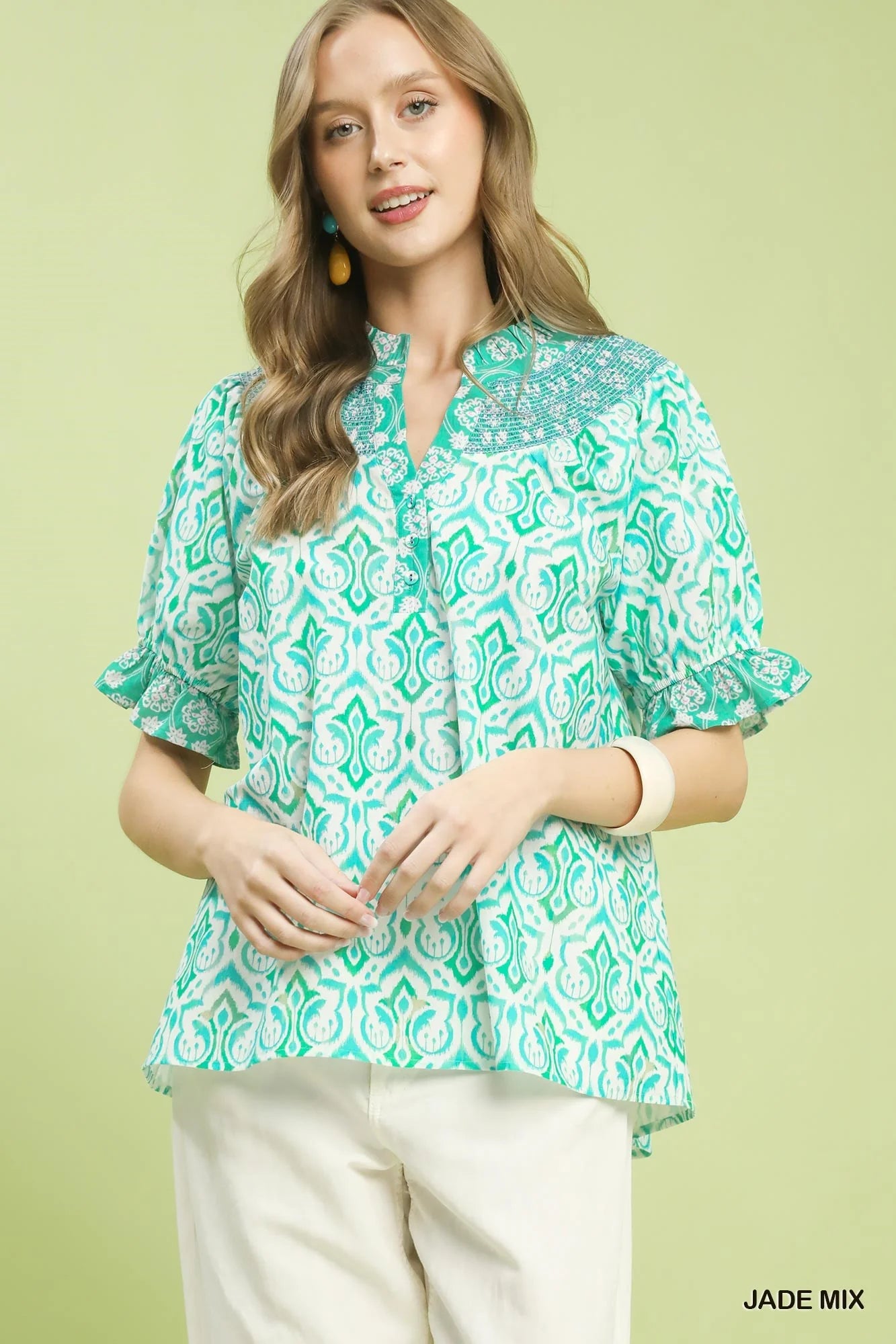 Umgee Mix Boho Puff Sleeve Smocked Top
