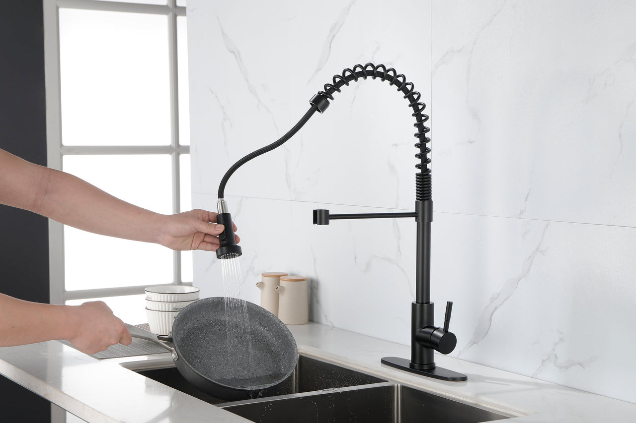 Spring kitchen faucet with pull-out sprayer, stainless steel single handle single hole kitchen sink faucet