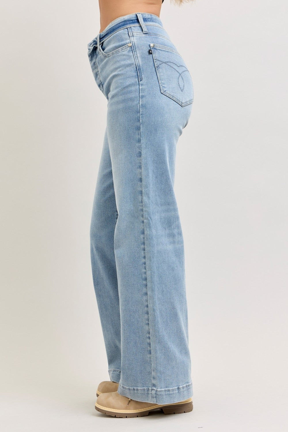 Judy Blue Mid Rise Retro Wide Leg Jeans with Fold-over Waistband