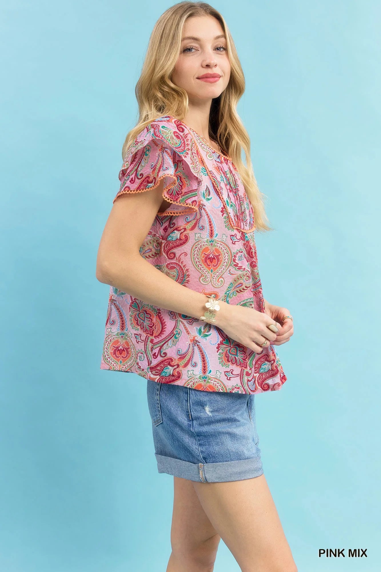 Umgee Mix Paisley Ruffle Sleeve Top