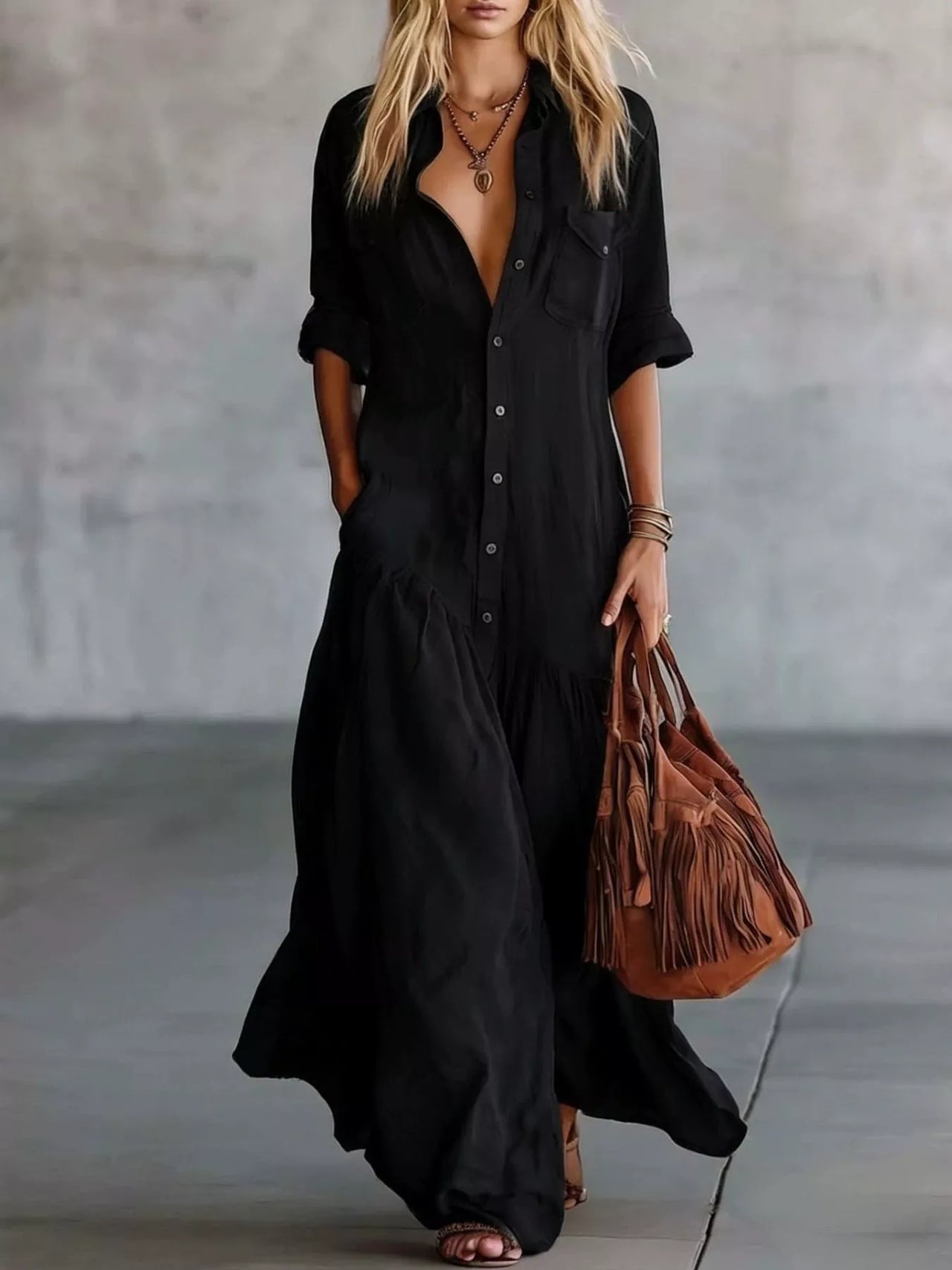 Full Size Button Front Roll-Up Sleeve Maxi Dress Plus Size