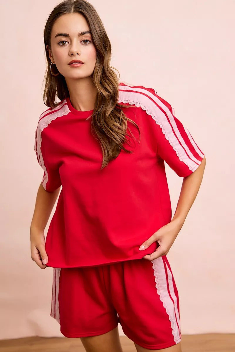 BiBi French Terry Side Lace Detail Short Sleeves Top