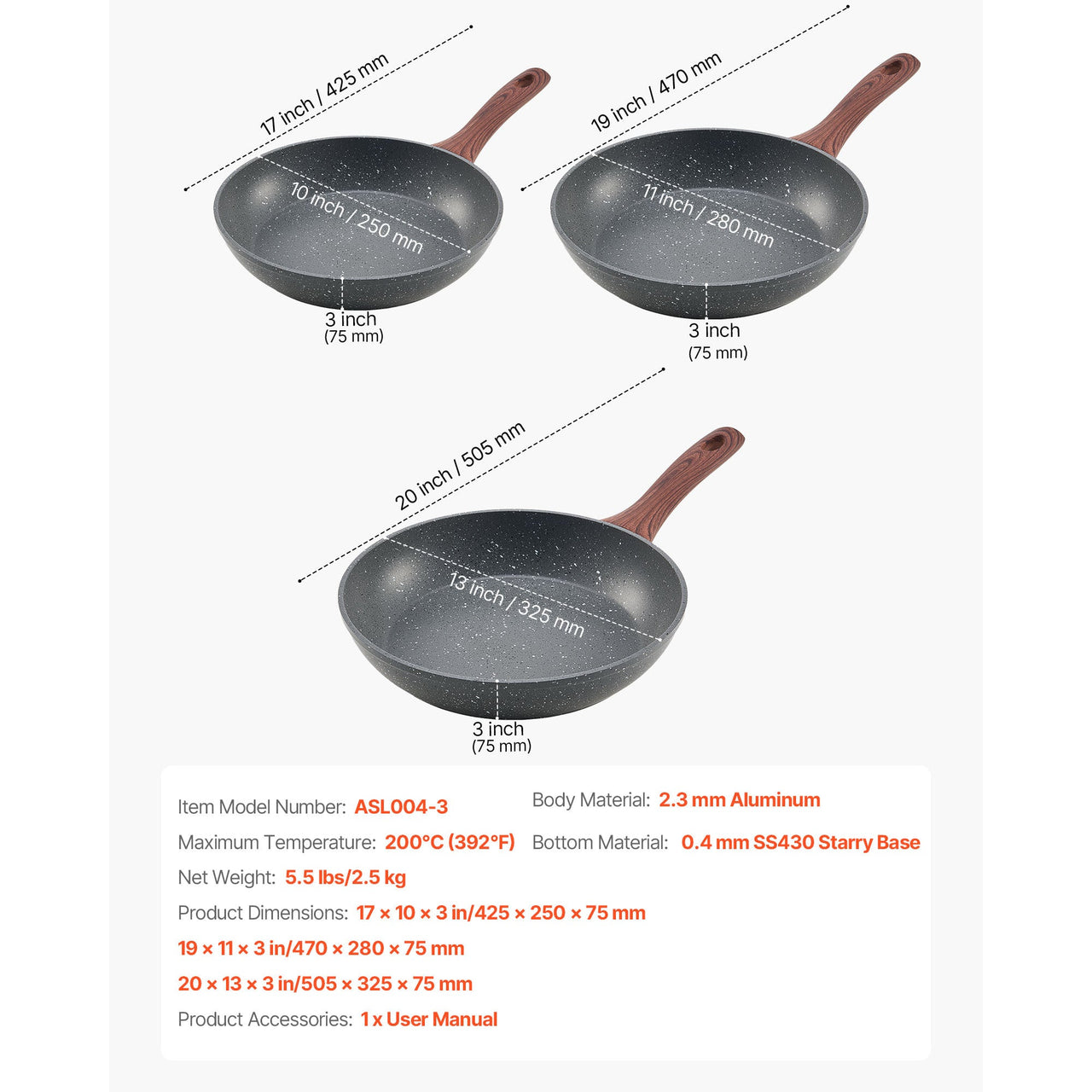 3 Piece Frying Pan Aluminum Skillet Set 9.5 11 12 in Nonstick Pre-Seasoned Grey