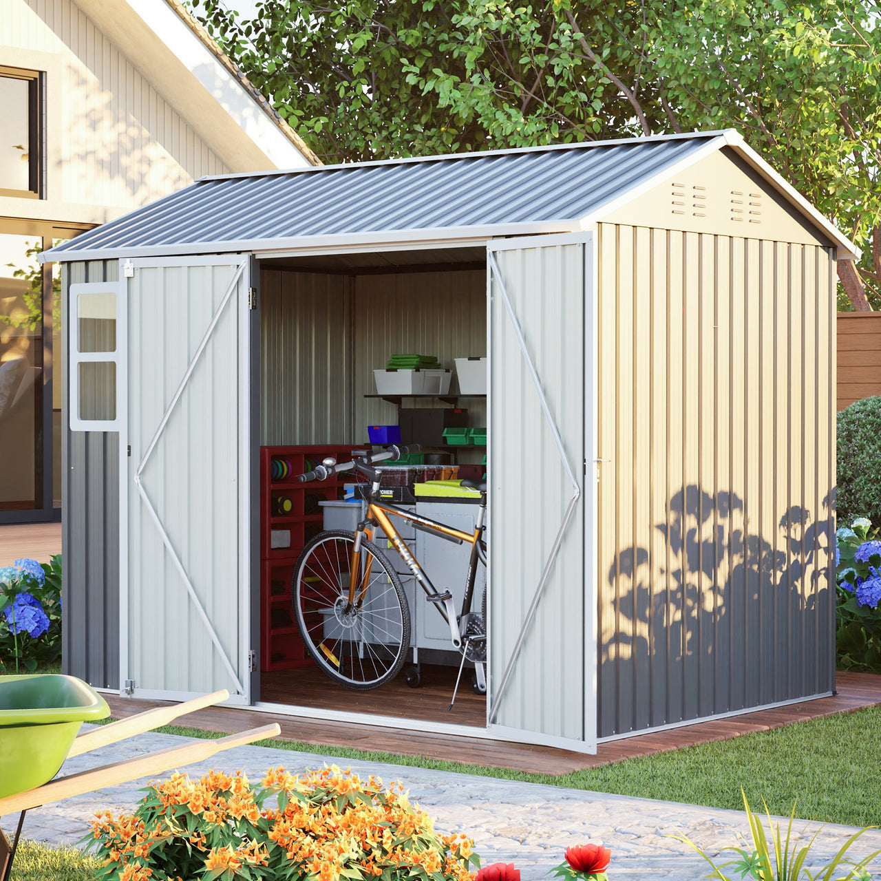 8'x6' Large Steel Storage Shed with Window, Lockable Doors & Sloped Roof, Heavy Duty Outdoor Tool Shed for Garden, Patio, Backyard, Lawn - Dark Gray