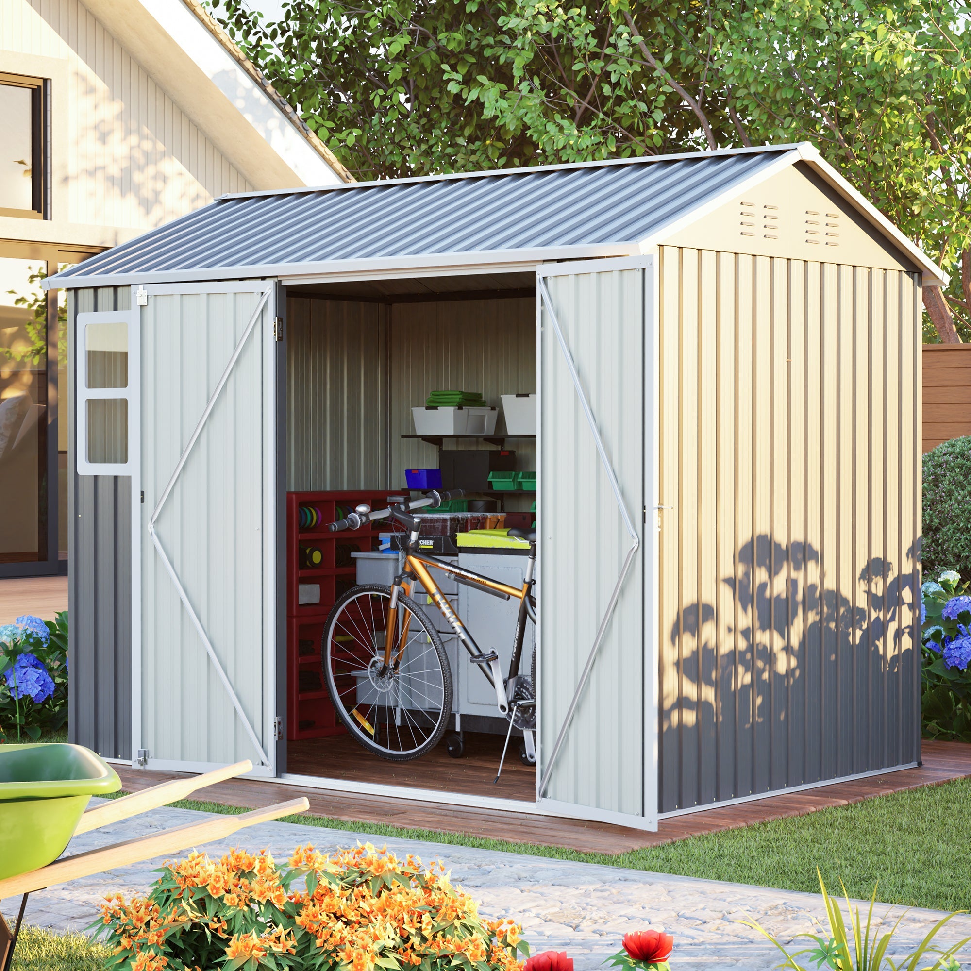 8'x6' Large Steel Storage Shed with Window, Lockable Doors & Sloped Roof, Heavy Duty Outdoor Tool Shed for Garden, Patio, Backyard, Lawn - Dark Gray