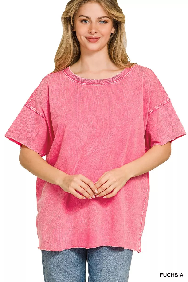 Zenana Acid Wash French Terry Drop Shoulder Raw Edge Top