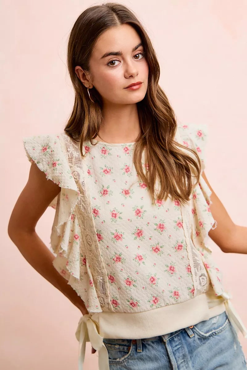 BiBi Flower Printed Ruffle Sleeve Trim Detail Top