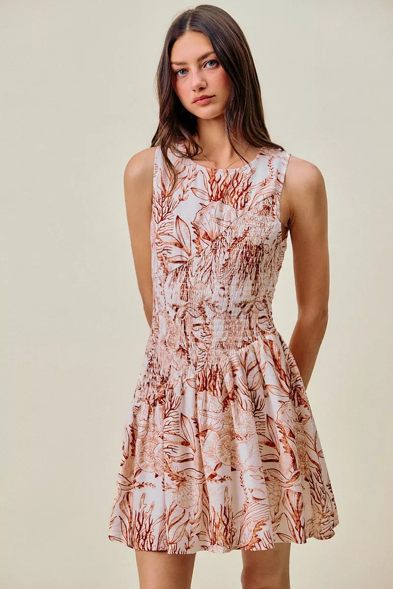 SO ME Shell Print Smocked Fit And Flare Mini Lined Dress