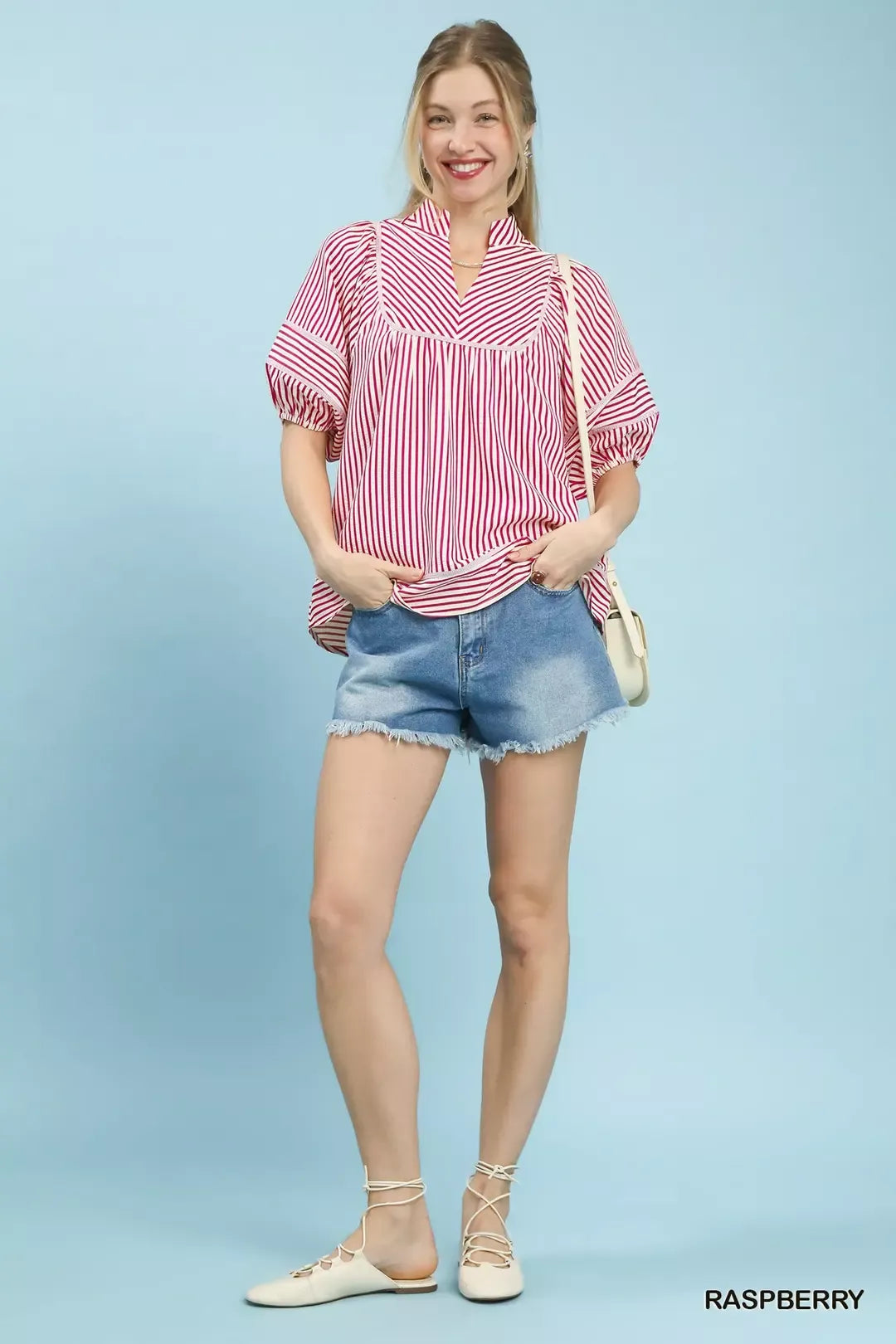 Umgee Striped Puff Sleeve Babydoll Top