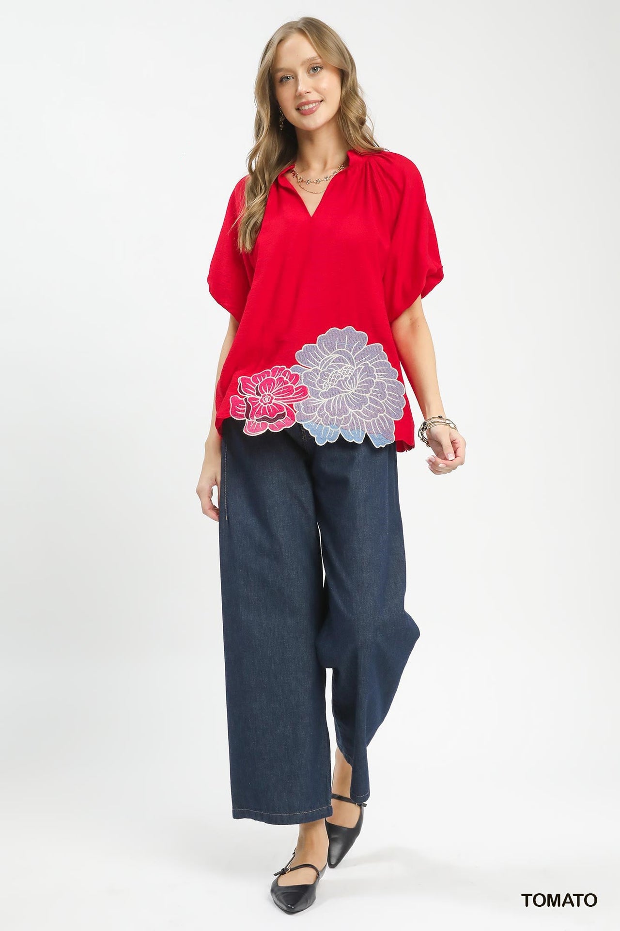 Umgee Floral Embroidered Hem Blouse