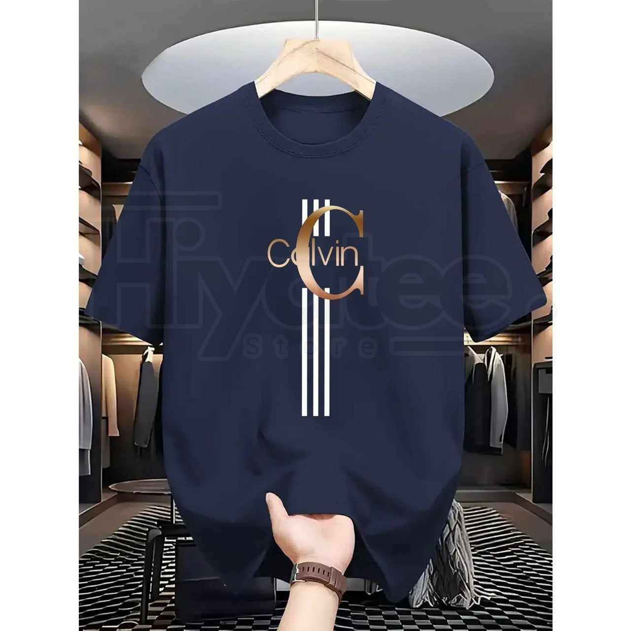 Men's Casual Calvin Print T-Shirt – Black & Gold Striped Street Style Essential