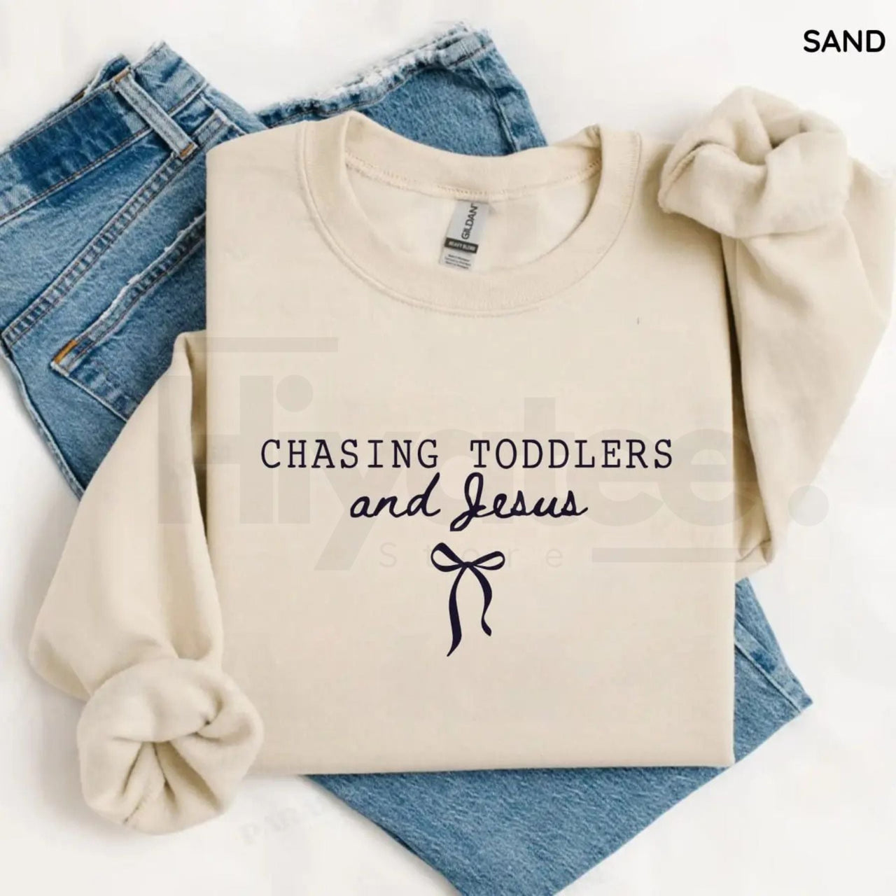 Chasing Jesus and Toddlers Sweatshirt: Coquette Christian Bow Aesthetic Crewneck