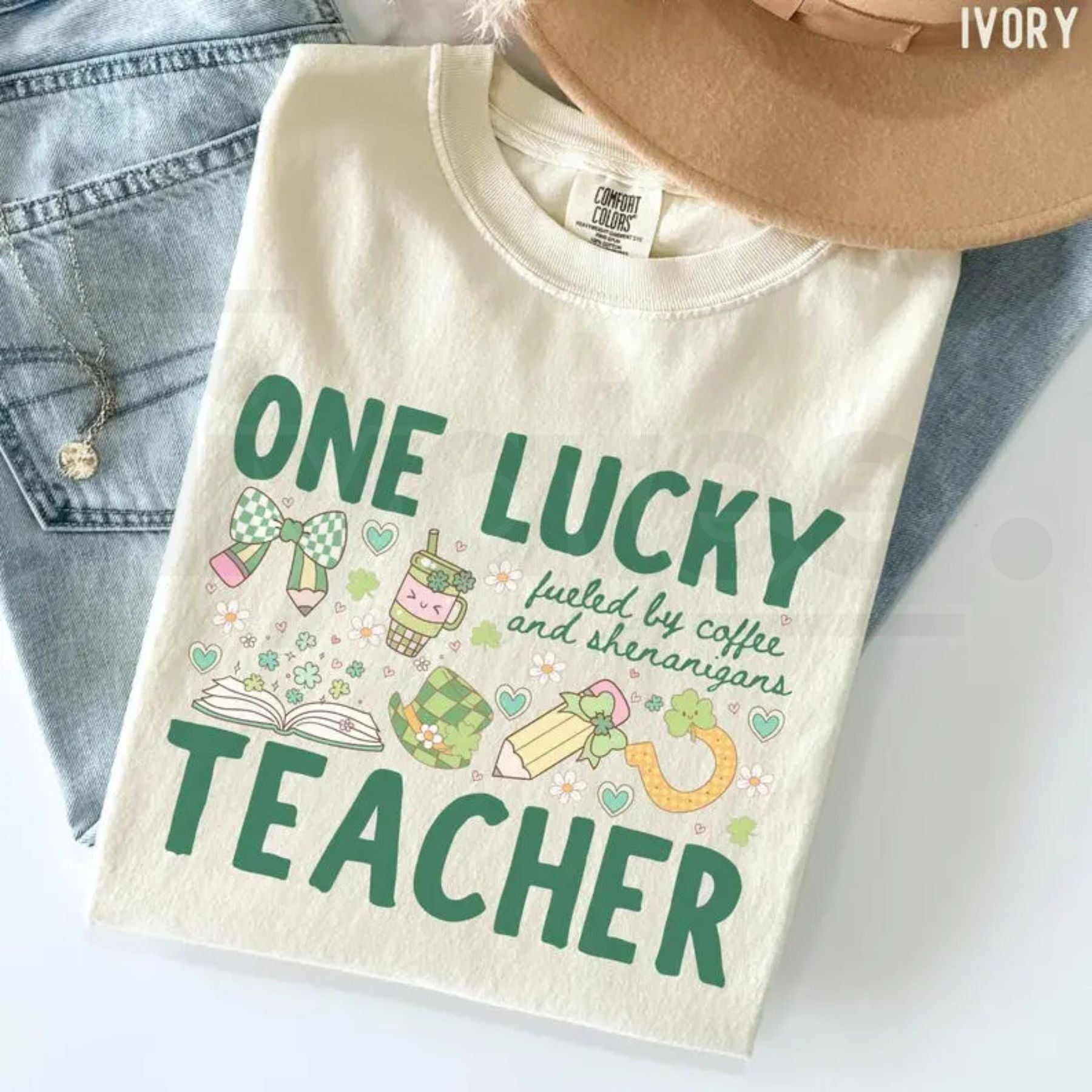 Comfort Colors® One Lucky Teacher St Patrick's T-Shirt – 'Fueled By Coffee and Shenanigans' Clover Tee