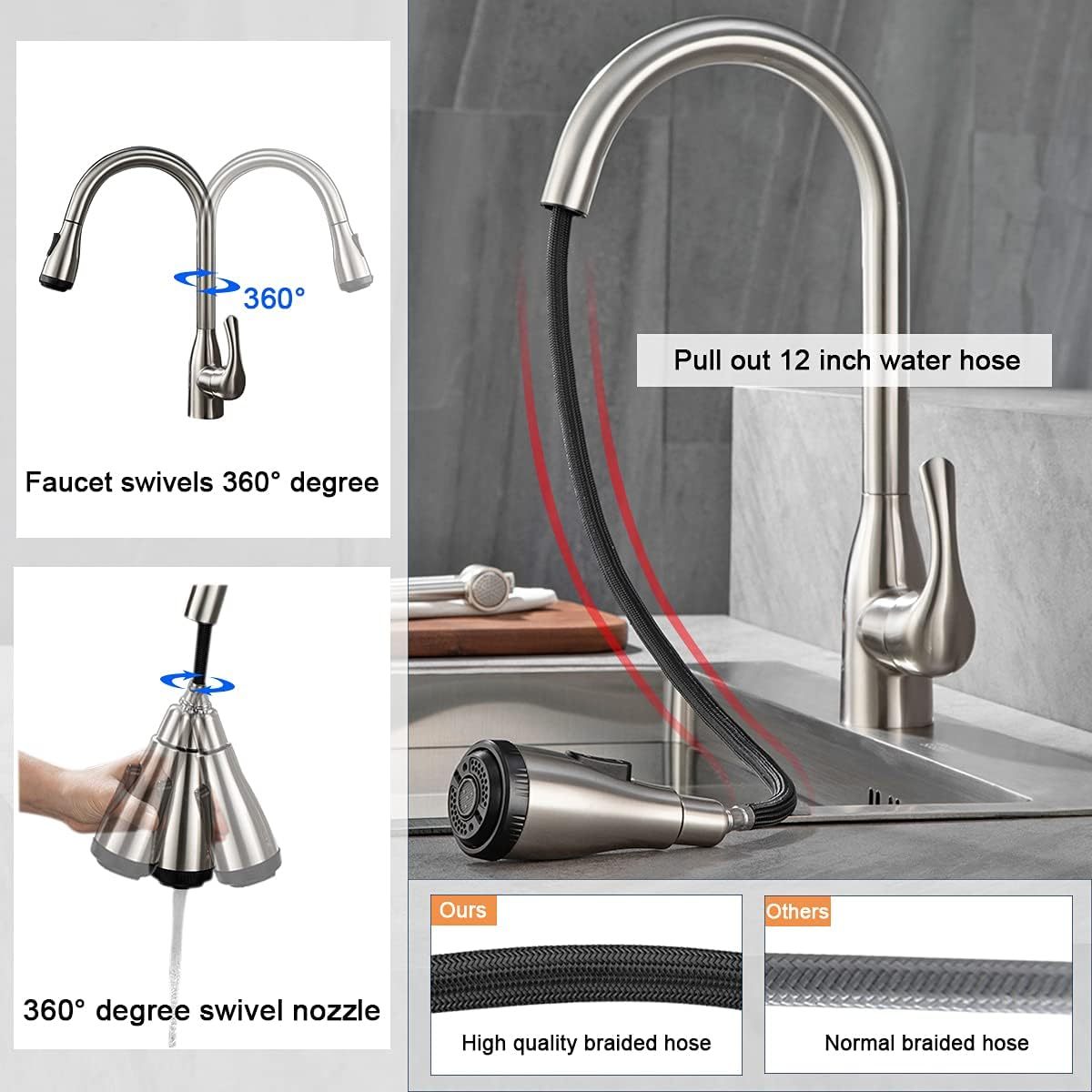 Single Handle High Arc Brushed Nickel Pull Out Kitchen Sink Faucet with 4 Spraying Modes,Single Level Stainless Steel with Pull Down Sprayer
