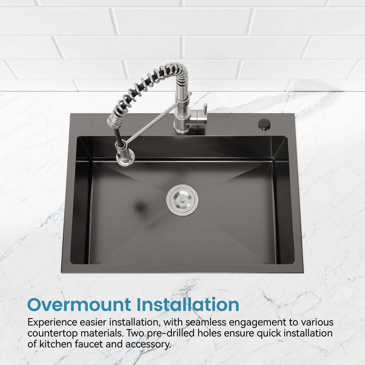 Stainless Steel Kitchen Sink, 30″x19″ Single Bowl, Overmount Handmade Sink in Black, with US Standard Drain and Hook