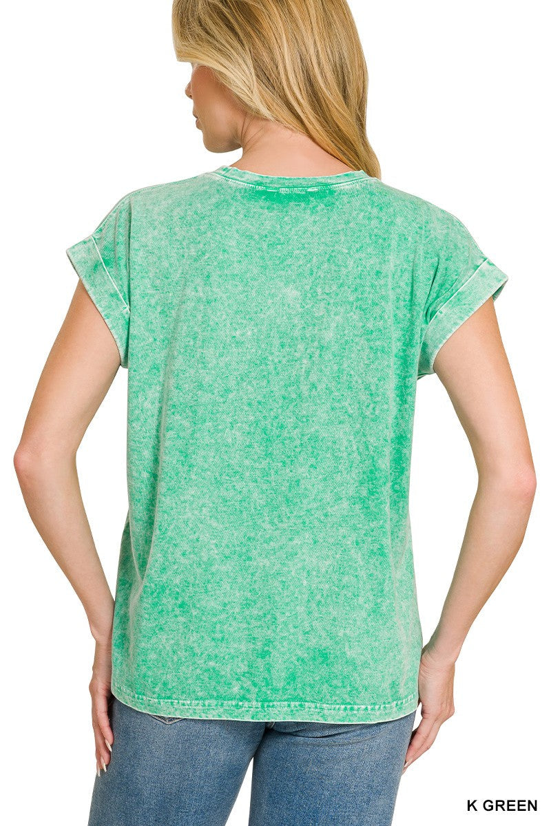 Zenana Halo Snow Washed Cuffed Short Sleeve Tee