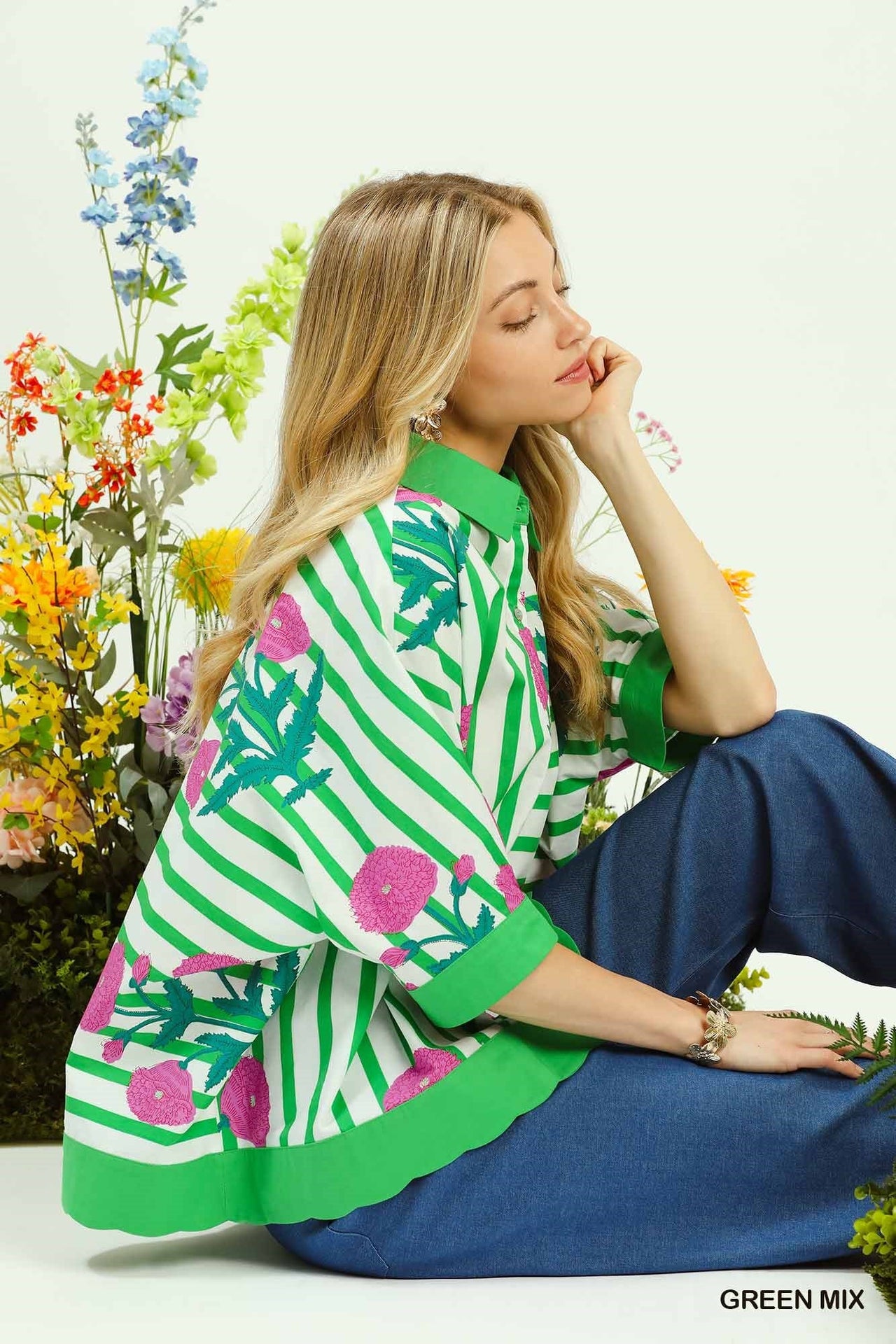 Umgee Mix Floral Stripe Button Down Top